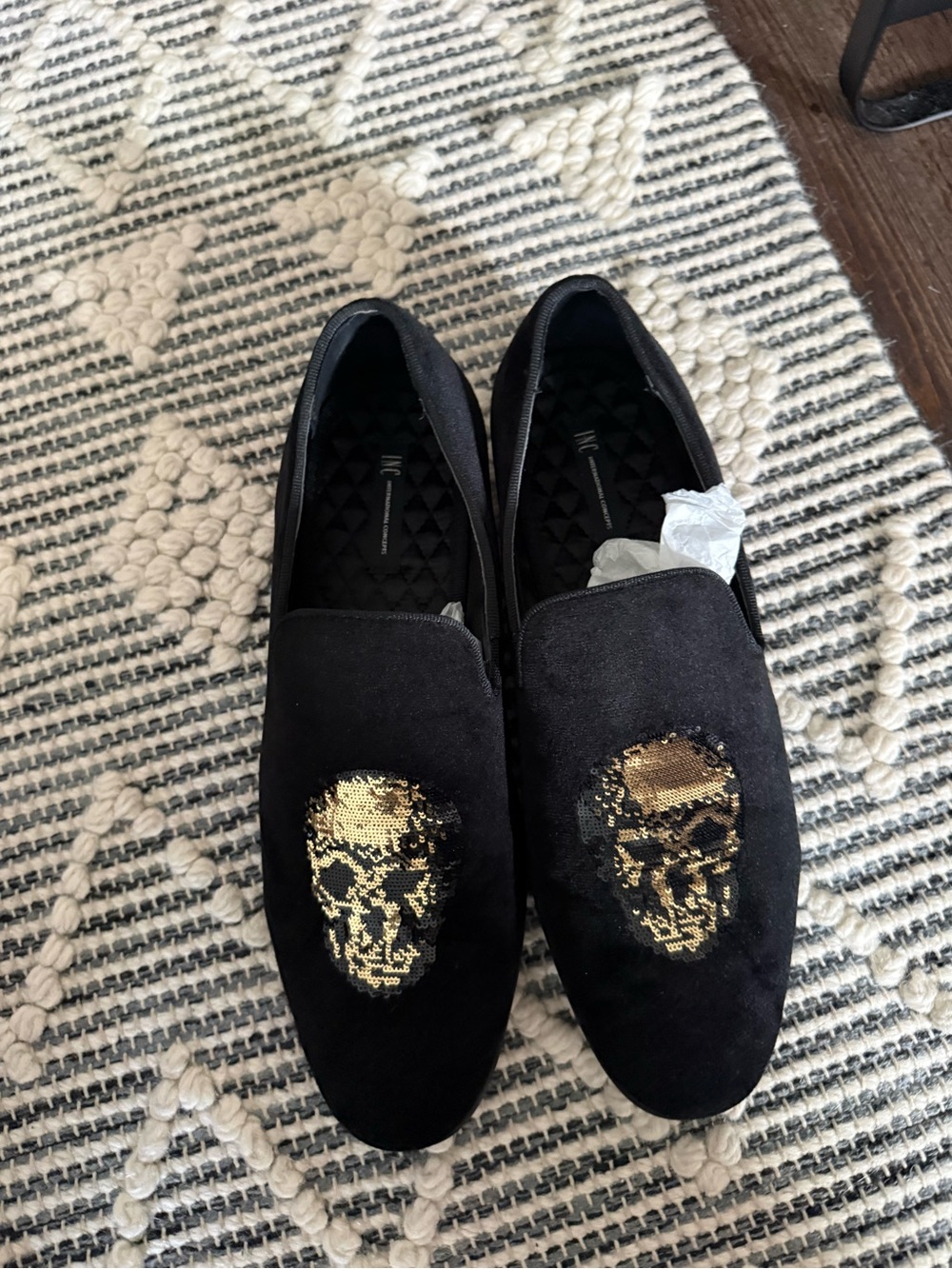 INC International Concepts Black Velvet Loafers with Gold Skull Sequin Detail